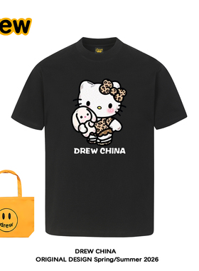 DREW美式卡通豹纹Kt猫抱兔兔印花短袖T恤男女宽松情侣纯棉上衣