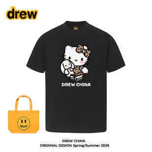 DREW美式 T恤男女宽松情侣纯棉上衣 卡通豹纹Kt猫抱兔兔印花短袖