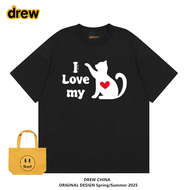 Drew我爱猫咪纯棉慵懒风短袖T恤