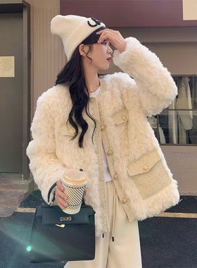 白色小香风羊羔毛外套女秋冬2025新款小个子高级感加厚毛毛绒上衣
