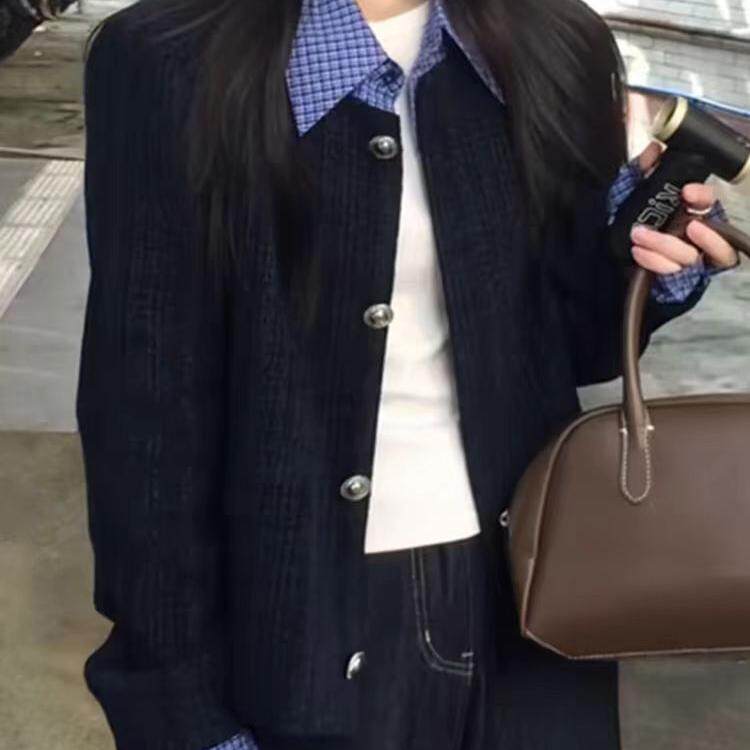 韩系假两件拼接翻领小香风外套女春秋新款宽松休闲短款夹克上衣潮