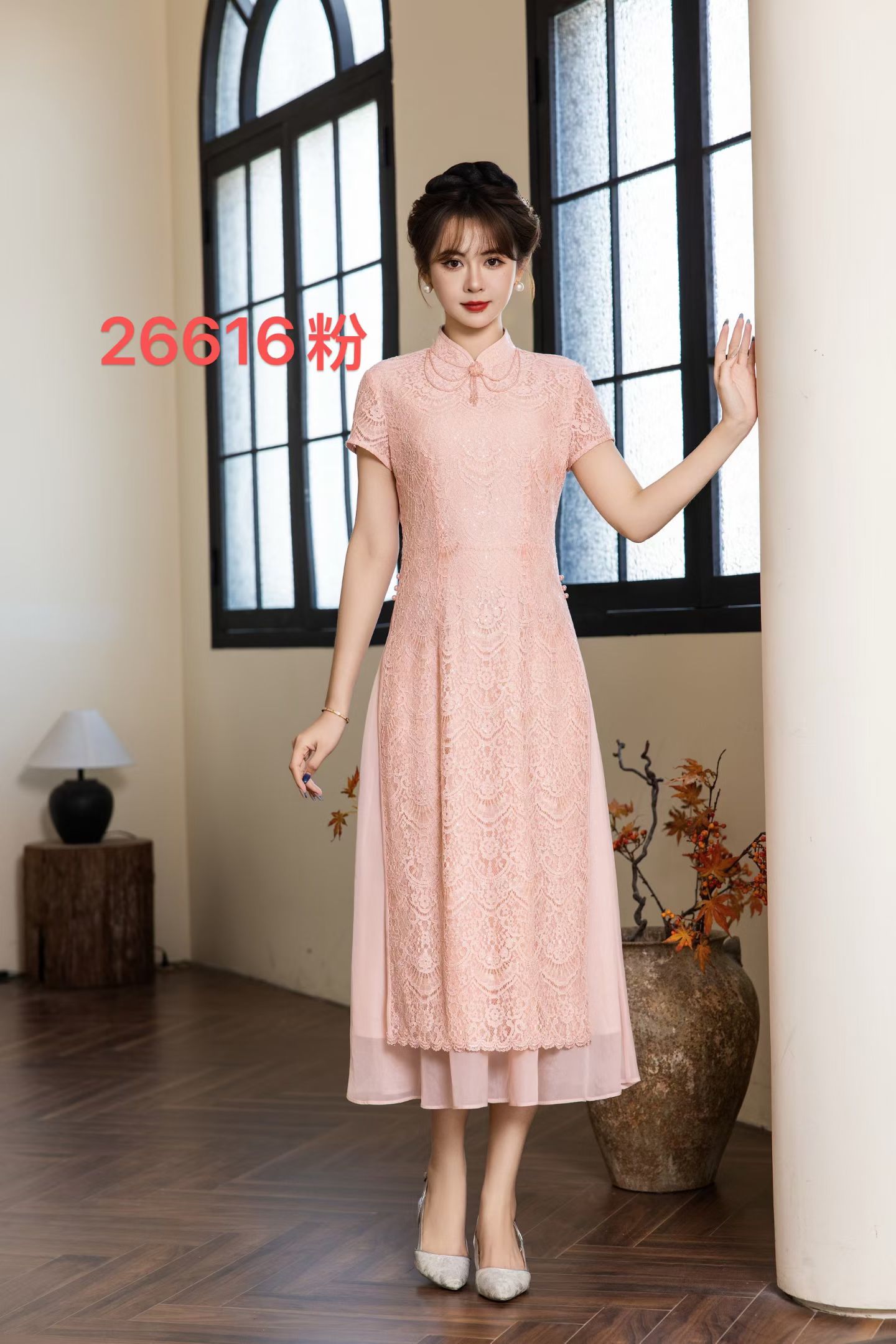 秀丽华服2026新款旗袍连衣裙夏季蕾丝中国风年轻款立领气质旗袍裙