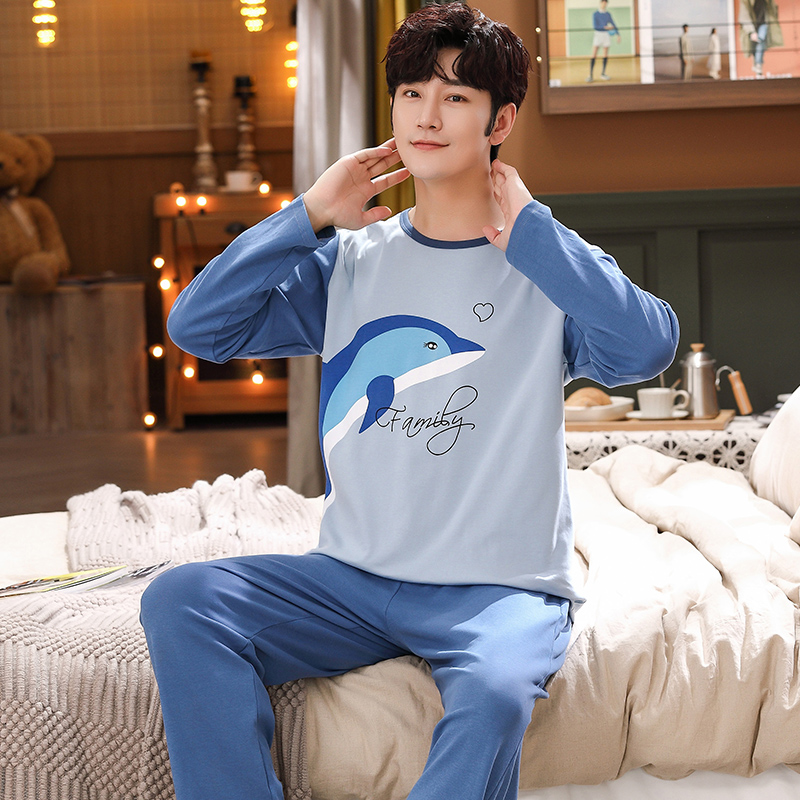 睡衣男款纯棉长袖春秋款秋冬季大码青少年学生大童男士家居服套装