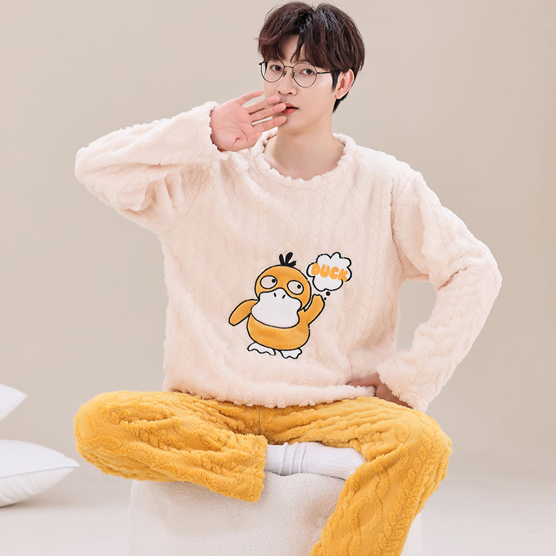珊瑚绒睡衣男冬季长袖加绒加厚保暖春秋款青少年法兰绒家居服套装