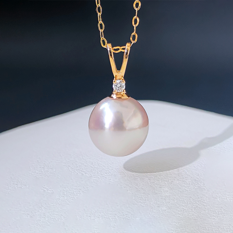 akoya海水珍珠吊坠透粉18K金托镶嵌钻石锁骨项链送老婆送长辈女友