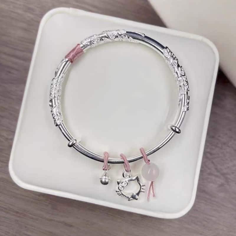 足银9999猫咪繁花似锦粉色卡通HelloKitty推拉时尚简约实心可爱