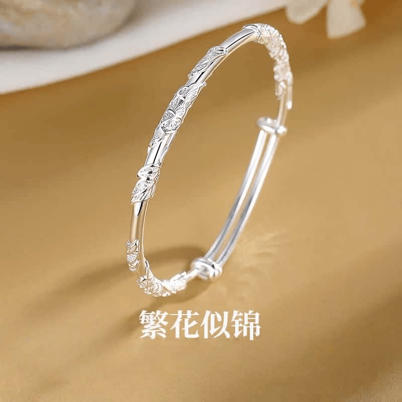 繁花银手镯足银古法蝶恋花推拉活口纯银镯子送老婆节日生日礼物