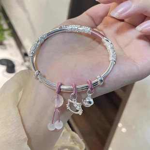 9999足银手镯繁花似锦Kitty凯蒂猫铃铛镯子送女友闺蜜情人节礼物