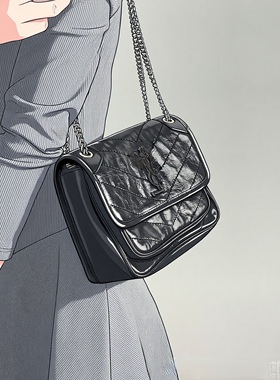 小众设计2025新款杨树林黑银niki邮差包菱格链条包女单肩斜挎通勤