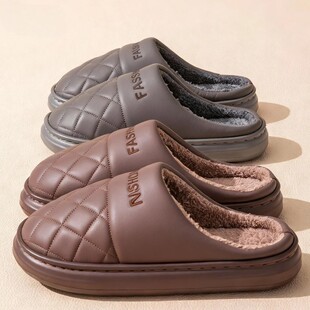 家居室内保暖鞋 高档棉拖鞋 男冬季 厚底新款 加绒包头拖男皮拖鞋