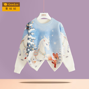 女童卡通宽松印花毛衣2026秋冬季新款蓝色长袖套头加厚保暖针织衫