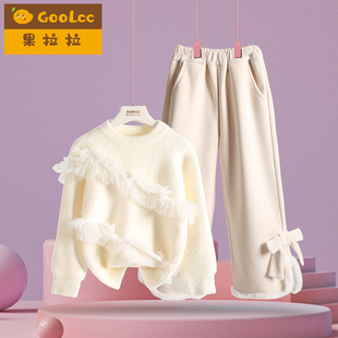 仙气风白色毛衣套装女童秋冬新款水貂绒上衣加绒蝴蝶结裤子两件套