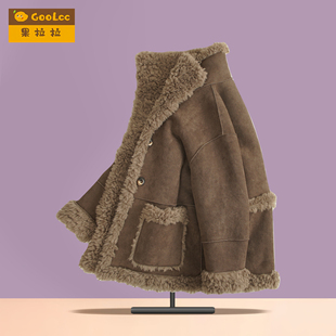 6羊毛儿童麂皮绒皮毛一体外套冬季羊羔毛立领保暖男女童皮草大衣