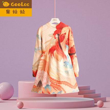 中国风裙子女宝宝新年服加绒长款毛衣汉服秋冬款女童水貂绒连衣裙