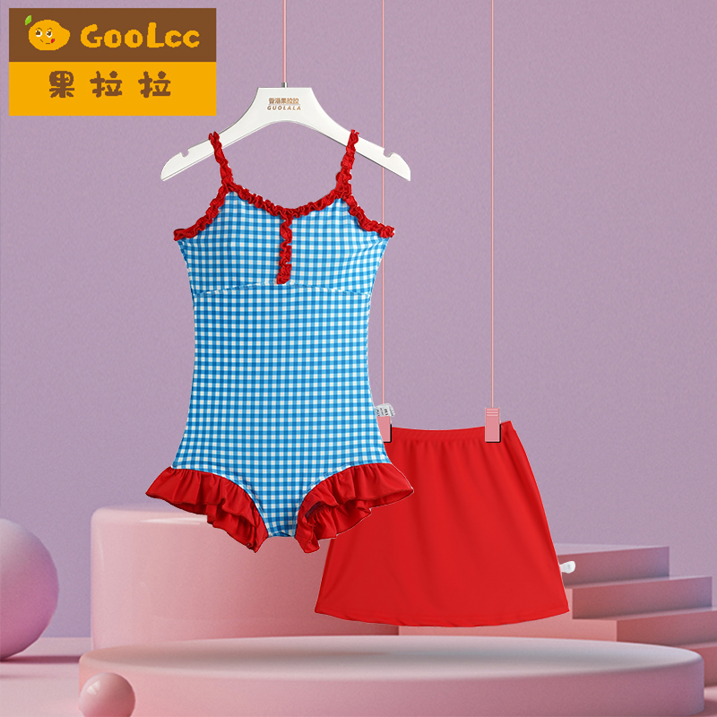 夏季新款女童洋气格子游泳衣套装