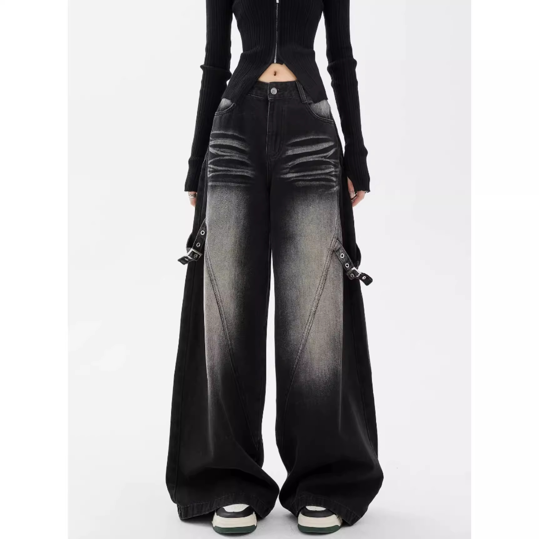 黑色渐变设计感阔腿牛仔裤女2025春秋季新款宽松高腰梨型身材裤子