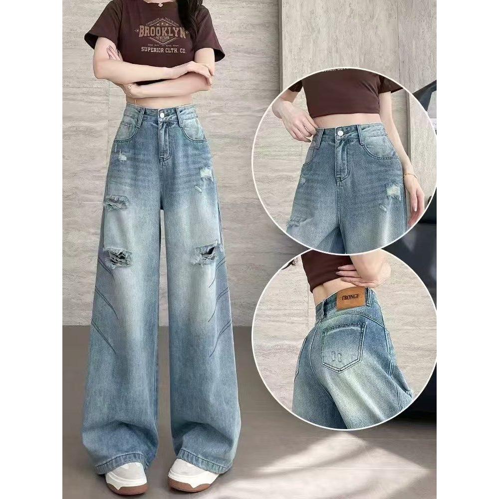 爆款阔腿牛仔裤女夏季薄款2025年新款爆款垂感超火喇叭直筒长裤子