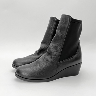 柜雅氏女靴柔软舒适坡跟妈妈靴真皮加绒套筒弹力软面软底牛皮短靴