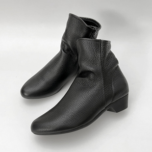 柜雅氏女靴柔软舒适真皮短靴中跟软皮软底加绒棉鞋牛皮粗跟妈妈靴