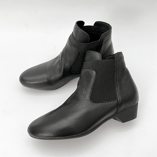 柜雅氏女靴头层牛皮短靴中跟柔软舒适松紧口加绒新款套筒女士靴子