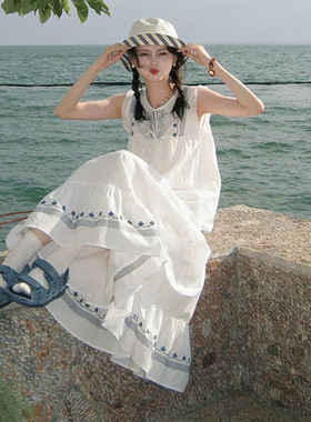 韩系花朵刺绣甜美小清新无袖衬衫A字半身裙女春夏减龄百搭套装