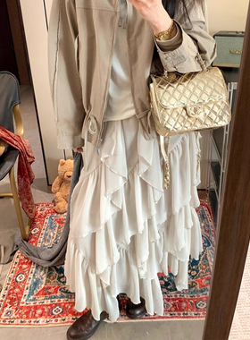 重工设计感不规则雪纺半身裙女26ss春夏法式浪漫慵懒风飘逸长裙