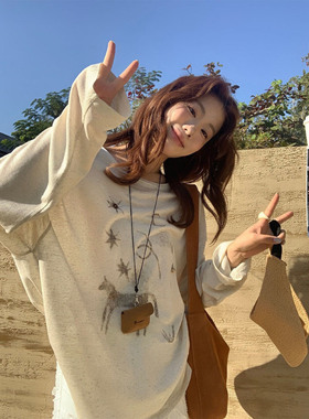 星星小马印花文艺复古苎麻防晒长袖T恤女26春夏宽松休闲上衣