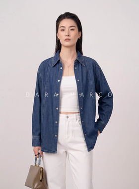 水洗靛蓝纯棉落肩袖大廓形牛仔衬衫上衣女宽松2026春季新品女装