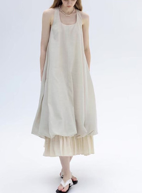 羊毛莱赛尔假两件拼接无袖背心连衣裙女宽松长款设计感水母花苞裙