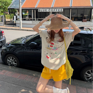 区区欧阳亚麻趣味涂鸦小马印花T恤短袖女宽松休闲百搭显瘦上衣