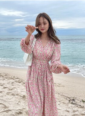 Acme雅气质收腰高腰长裙春夏款粉色碎花少女连K