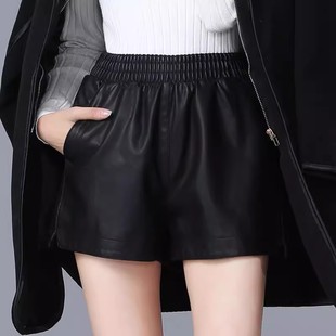 秋冬休闲黑色pu皮裤女大码胖mm高腰显瘦a字阔腿短裤外穿靴裤女潮