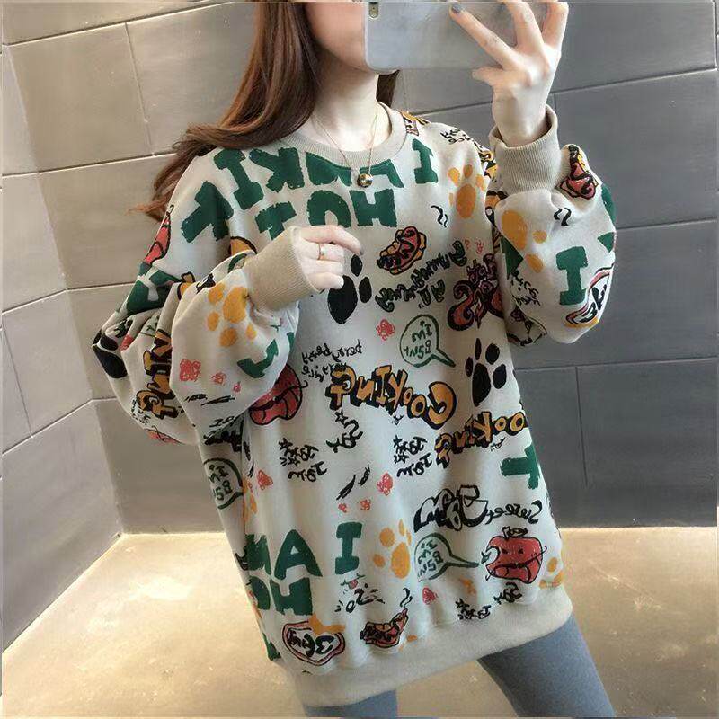 早秋新款大码减龄印花百搭卫衣女冬季胖mm遮肚子圆领长袖上衣女潮