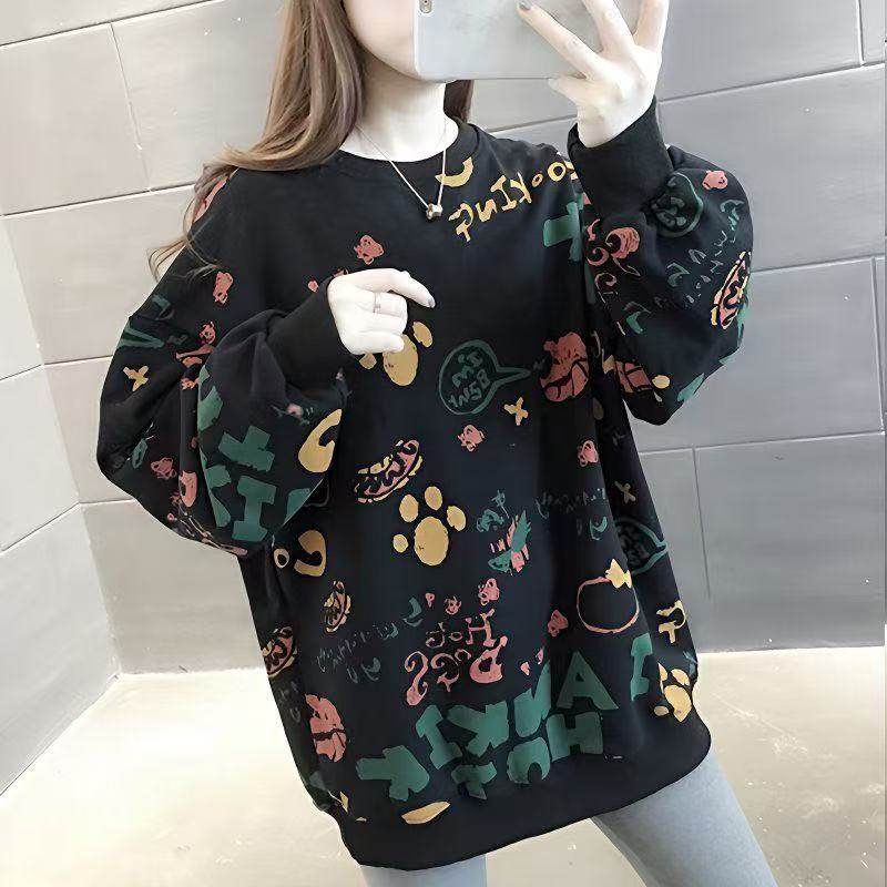 加大码秋冬新款时尚圆领卫衣女韩版胖mm宽松显瘦百搭长袖上衣女潮