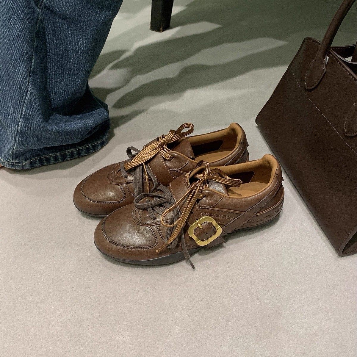 真皮~皮带扣双鞋带复古德训鞋女2026春季新款百搭平底系带皮鞋女,女鞋,时尚休闲鞋,淘宝优惠券,粉丝福利购,淘宝优惠卷