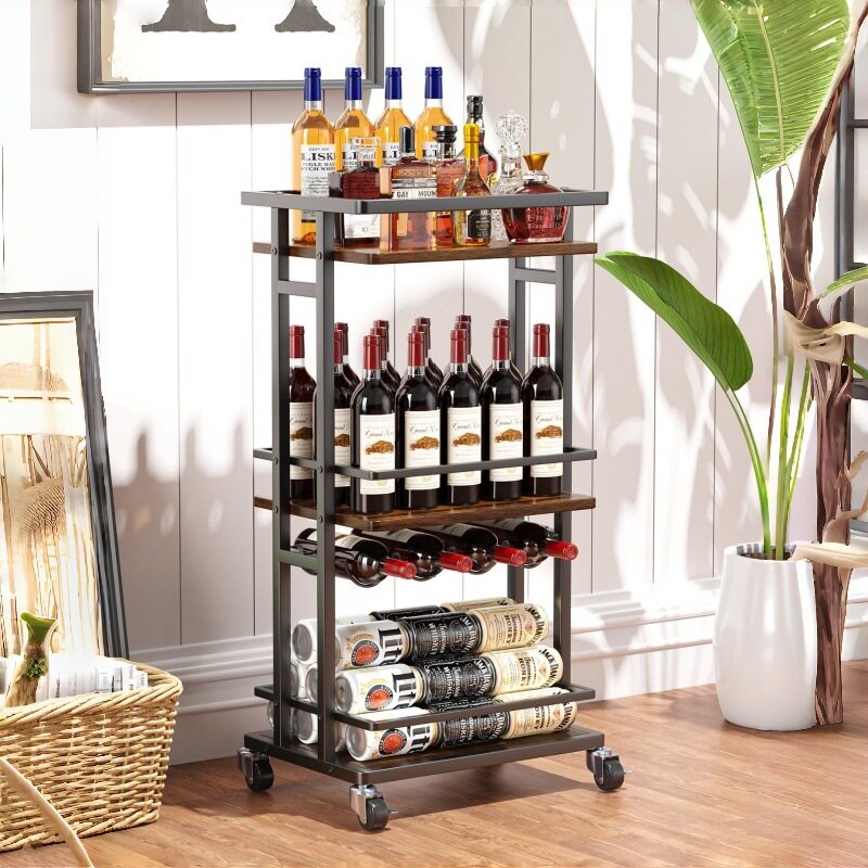 欧式创意多层红酒收纳展示架家用落地可移动收纳推车置物架红酒架