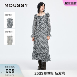 moussy2025早秋新品 1001 甜美清新荷叶边长袖 格子连衣裙028IAA33