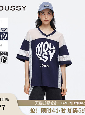 MOUSSY 夏季新品网纱蕾丝拼接撞色LOGO短袖T恤028ISA90-2931
