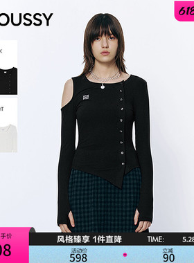 MOUSSY2026春季新品辣妹风露肩不规则修身长袖T恤女028IAA80-1016