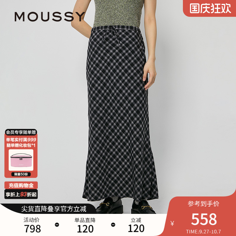 MOUSSY 秋季新品复古文艺风经典格纹长款半身裙028ISZ30-3011