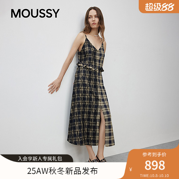 MOUSSY2025秋季新品复古优雅风格子蕾丝拼接连衣裙028IAA33-1009