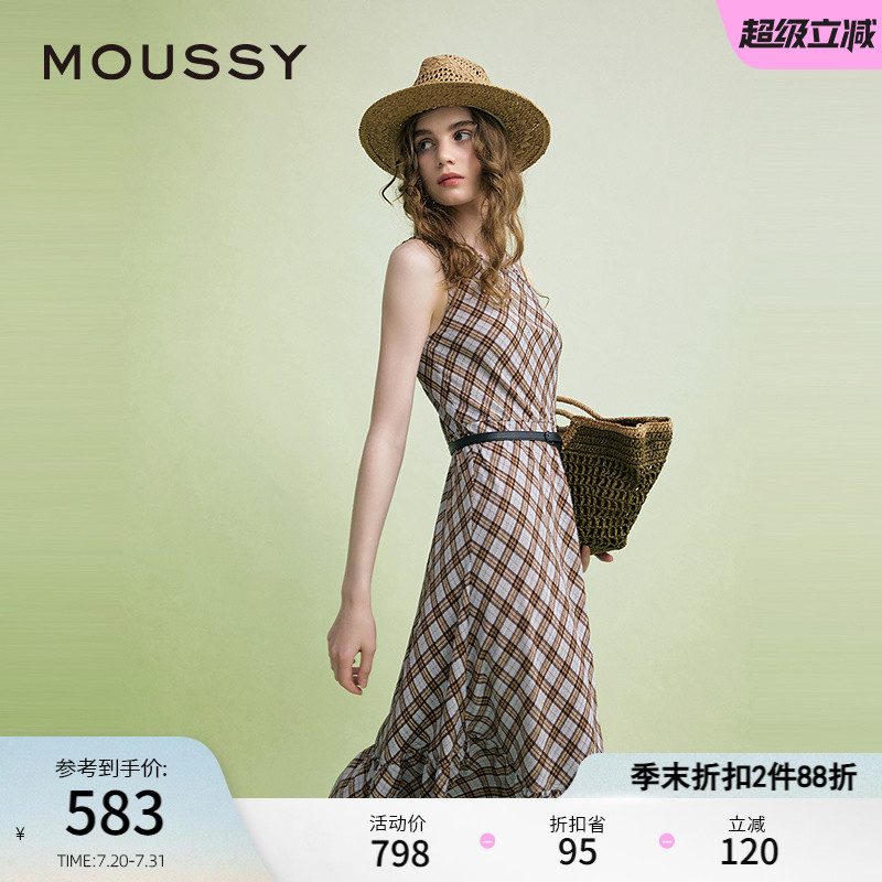 MOUSSY 2025夏季新品复古港风菱格纹无袖连衣裙女028ISA33-3961