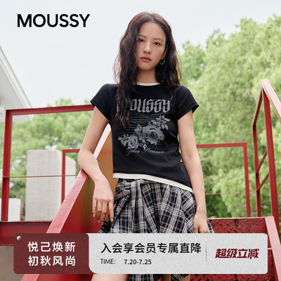 MOUSSY2026夏季新品美式复古辣妹风不对称印花T恤女028JSZ90-1082