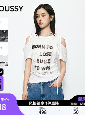 MOUSSY2026夏季新品甜酷风露肩墨痕字母印花短袖T恤028JSA90-1061