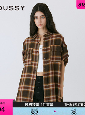 MOUSSY 早春美式复古风格纹毛边宽松短袖衬衫女010ISB30-8771