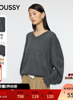 MOUSSY冬季新品慵懒学院风宽松廓形V领毛针织衫010IA170-8141