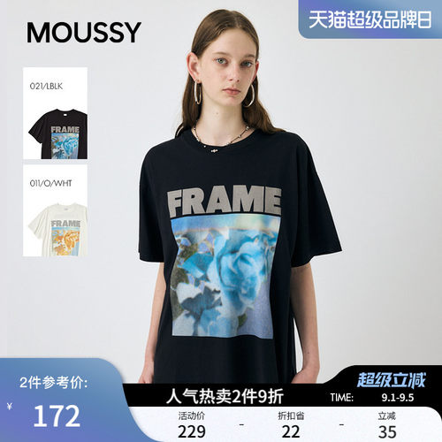 MOUSSY春季新品休闲风Oversize花卉字母印花T恤010IA490-5491