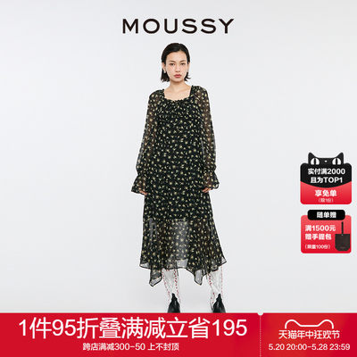 MOUSSY 2024夏季新品南法度假风茶歇长袖连衣裙女028HSZ30-0521