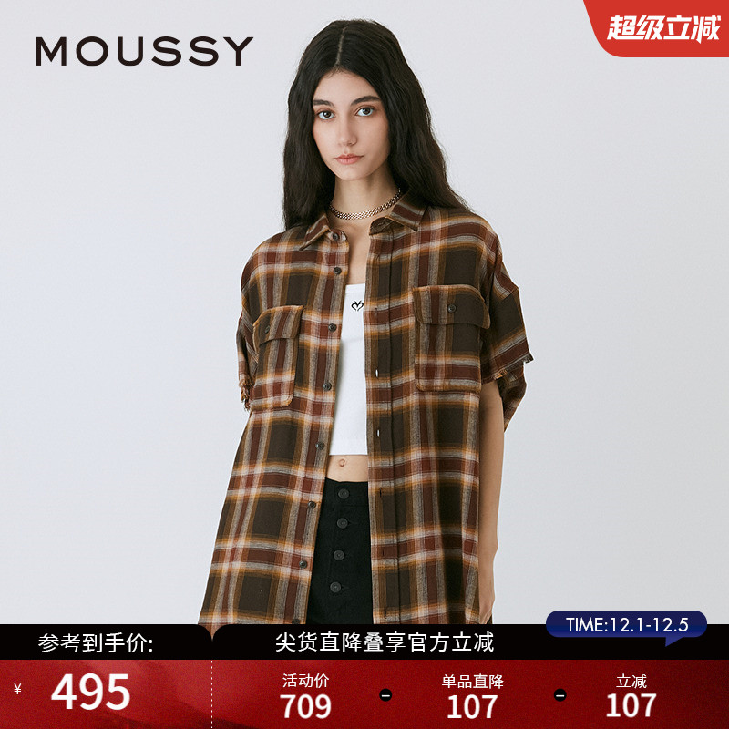 MOUSSY美式复古风格纹短袖衬衫