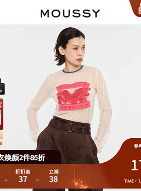 MOUSSY 春季新品甜辣Y2K复古牛仔贴布透视T恤女010HSQ90-0430
